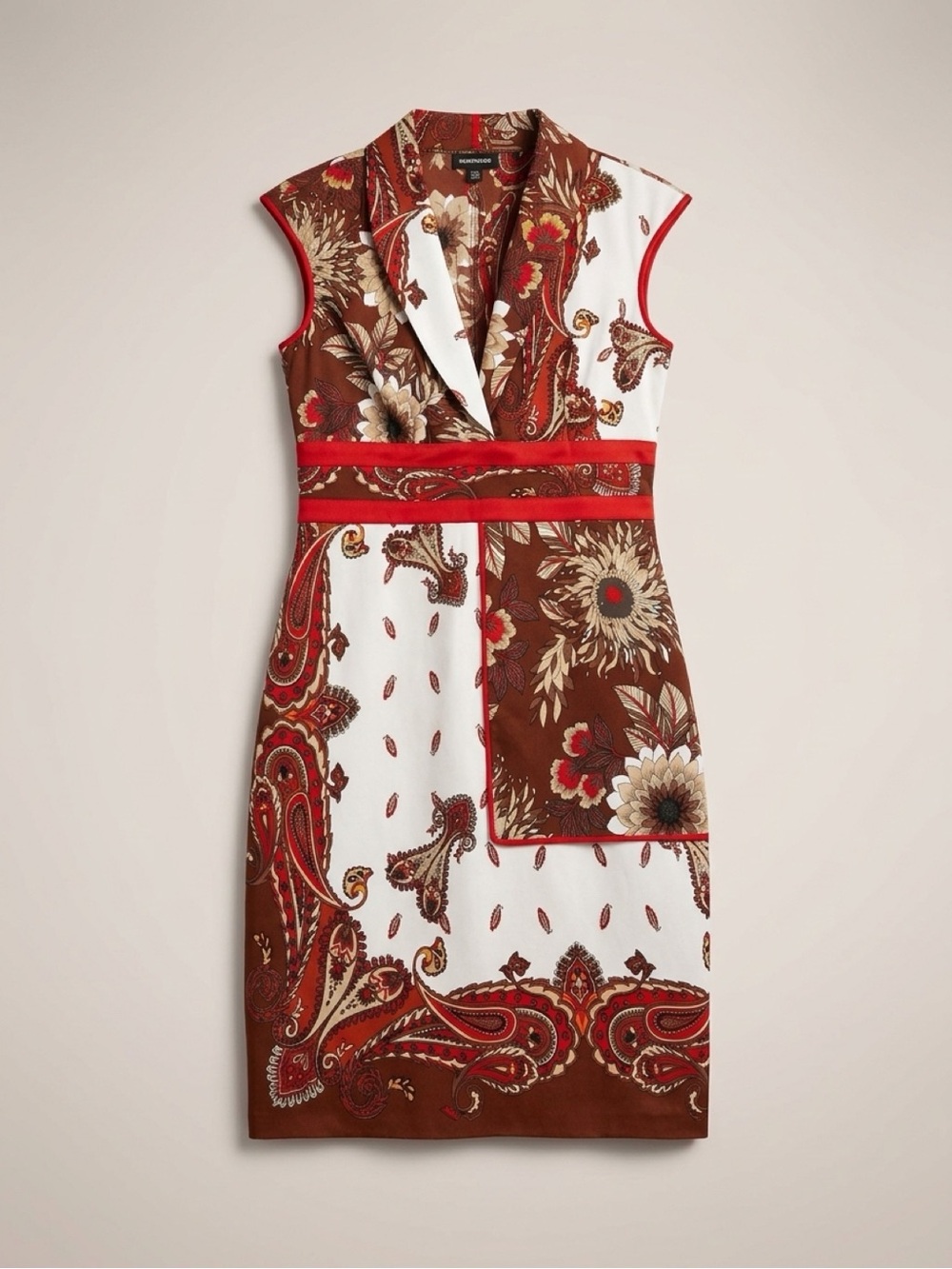 bebe Brown, White & Red Paisley silk Sleeveless Midi Dress